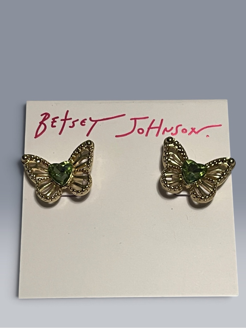 Betsey Johnson Gold Butterfly Studs with Green Center Stones